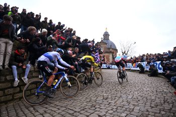 - FEBRUARY 24: (L-R) Christophe Laporte of France, Wout Van Aert of Belgium and Team Visma | Lease A Bike and Arnaud De Lie of Belgium and Team Lotto Dstny compete in the breakaway climbing the Muur van Geraardsbergen while fans cheer during the 79th Omloop Het Nieuwsblad 2024, Men's Elite a 202.2km one day race from Ghent to Ninove / #UCIWT / on February 24, 2024 in Ninove, Belgium. (Photo by Luc Claessen/Getty Images)