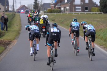 Ian Stannard of Team Sky rides behind three QuickStep riders at Omloop Het Nieuwsblad 2015