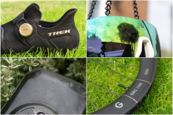 Collage of Trek shoes, Bolle sunglasses, Dt Swiss wheels and Garmin Edge 1050 computer