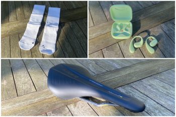 collage of pop white socks, huawei earphones and repente saddle