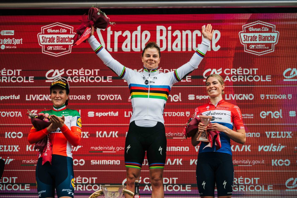 the final podium at the women's Strade Bianche 2024